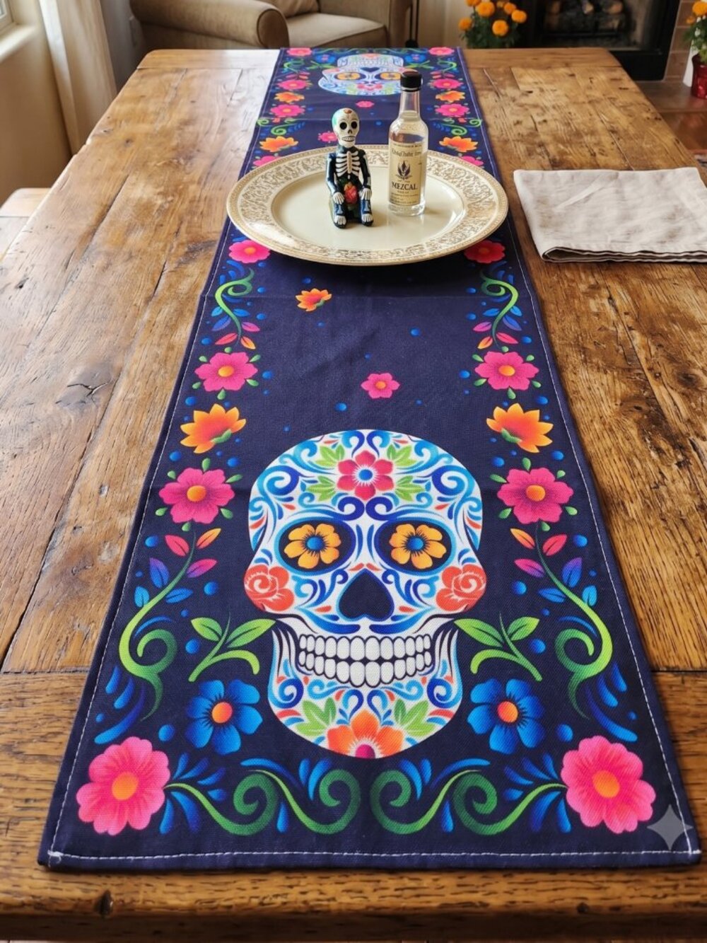 NIP Day of the Dead Candy Sugar Skull Floral Border Table Runner 36"x72"